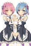  :&lt; apron blue_eyes blue_hair blush breasts cleavage detached_sleeves dress frilled_dress frilled_sleeves frills hair_ornament holding_hands interlocked_fingers looking_at_viewer maid maid_headdress medium_breasts mori_airi multiple_girls neck_ribbon pink_eyes pink_hair ram_(re:zero) re:zero_kara_hajimeru_isekai_seikatsu rem_(re:zero) ribbon ribbon-trimmed_sleeves ribbon_trim short_hair siblings side-by-side simple_background sisters small_breasts smile twins underbust white_background white_legwear x_hair_ornament 