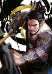  arrow asymmetrical_clothes bandolier bare_shoulders beard bow_(weapon) brown_eyes brown_hair closed_mouth collarbone dragon_print dragon_tattoo drawing_bow facial_hair furrowed_eyebrows goatee hadanugi_dousa hair_tie hanzo_(overwatch) highres holding holding_arrow holding_bow_(weapon) holding_weapon japanese_clothes kimono looking_at_viewer male_focus mustache overwatch ponytail quiver smile solo tattoo upper_body weapon 