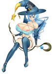  azure_eyes azure_hair blue_bunny large_breasts long_hair staff witch_hat 