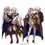  2girls armor artist_name bad_id bad_tumblr_id barefoot blush boots cape carrying cloak dual_persona embarrassed eye_contact female_my_unit_(fire_emblem:_kakusei) female_my_unit_(fire_emblem_if) fingerless_gloves fire_emblem fire_emblem:_kakusei fire_emblem_if gloves hairband looking_at_another male_my_unit_(fire_emblem:_kakusei) male_my_unit_(fire_emblem_if) mamkute multiple_boys multiple_girls my_unit_(fire_emblem:_kakusei) my_unit_(fire_emblem_if) niwatorineko pointy_ears princess_carry silver_hair simple_background smile thighhighs toeless_legwear twintails white_background 