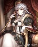  breasts brown_eyes cleavage copyright_name dress elbow_gloves gloves holding keible long_hair looking_at_viewer medium_breasts ragna_cross silver_hair sitting solo staff watermark white_gloves 