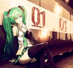  adjusting_clothes adjusting_necktie arm_support black_legwear crossed_legs detached_sleeves green_eyes green_hair hatsune_miku highres infinote long_hair necktie solo tattoo thighhighs thighs twintails very_long_hair vocaloid 