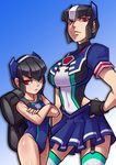  :&lt; absurdres autobot backpack bag black_hair breasts closed_mouth contrapposto covered_navel crossed_arms dual_persona fingerless_gloves fortress_maximus frown garter_straps genderswap genderswap_(mtf) gloves hairband hand_on_hip highres large_breasts miniskirt multicolored_hair multiple_girls personification red_eyes ryuusei_(mark_ii) serious sidelocks skirt standing striped striped_legwear swimsuit thighhighs transformers turtleneck two-tone_hair v-shaped_eyebrows white_hair 