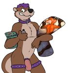  2016 anthro body_pillow brown_fur canine collar disney fox fur green_eyes hair half-closed_eyes holding_object lube magazine male mammal mustelid nick_wilde nude orange_fur otter penis pillow purple_hair rotten_robbie simple_background solo standing teeth teguso thick_penis toes uncut vein veiny_penis writing zootopia 