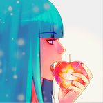  1girl apple blue_eyes blue_hair blunt_bangs close-up eyelashes food from_side girl_(anime_expo) kami-sama_(girl) looking_away open_mouth persona92 profile simple_background solo star tongue white_background 