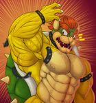  abs anthro armpits belly biceps big_biceps body_hair bottomless bowser bracelet chest_hair claws clothed clothing collar confusion front_view growth hair hairy hi_res horn jewelry koopa kuma-_(artist) male manly mario_bros mature_male muscle_growth muscular muscular_male nintendo nipples nude open_mouth pecs pose red_eyes red_hair reptile scalie shell simple_background spiked_armlet spiked_bracelet spiked_collar spiked_shell spikes standing sweat teeth tongue topless turtle video_games 