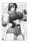  1girl abs belt biceps breasts copyright_request extreme_muscles female fingerless_gloves gloves large_breasts monochrome muscle ren_(tainca2000) solo 