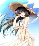  bikini bikini_under_clothes black_hair cowboy_shot day hat long_hair midriff moeki_yuuta navel sky solo straw_hat swimsuit yellow_eyes 