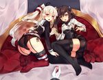  2girls amatsukaze_(kantai_collection) ass bike_shorts black_legwear blush breasts brown_eyes brown_hair cameltoe garter_straps gloves hair_tubes headband interlocked_fingers kantai_collection long_hair looking_at_viewer lying multiple_girls on_side open_mouth panties pantylines pov red_eyes red_legwear sailor_dress school_uniform serafuku shiny shiny_clothes shiny_hair short_hair silver_hair skirt skirt_down taihou_(kantai_collection) thighhighs zhu_fun 