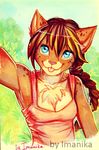  anthro armpits blue_eyes braided_hair cat clothing feline female fur hair imanika mammal orange_fur pink_nose solo tongue 
