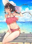  adjusting_clothes adjusting_hat beach bikini black_hair blush bow bracelet collarbone day eyewear_on_head food food_in_mouth hair_bow hat jewelry looking_at_viewer love_live! love_live!_school_idol_project navel necklace pink_bikini popsicle red_bow red_eyes sitting_on_railing solo sun_hat swimsuit twintails white_hat yazawa_nico yuran 