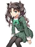  black_hair black_legwear fate/zero fate_(series) ganik green_eyes hair_ribbon long_hair pantyhose ribbon school_uniform simple_background smile solo toosaka_rin two_side_up yatsushirodai_elementary_school_uniform 