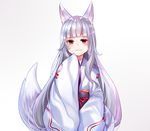  animal_ears character_request copyright_request fox_ears fox_tail japanese_clothes kimono long_hair red_eyes sash silver_hair smile solo tail uiroutsuji_yumihiko wide_sleeves 