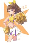  1girl amanogawa_kirara asymmetrical_clothes bangs bare_shoulders blunt_bangs bow breasts brown_hair character_request cheerleader chocokin collarbone cropped_legs dated earrings eyebrows_visible_through_hair go!_princess_precure hair_bow high_ponytail jewelry long_hair midriff miniskirt navel pleated_skirt pom_poms precure purple_eyes shiny shiny_hair signature skirt sleeveless small_breasts solo standing star star_earrings stomach white_background white_skirt yellow_bow 
