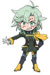  akimoto_(akimomomoto) aqua_hair chibi facepaint full_body gauntlets gloves green_eyes grin hand_on_hip jua-mu_dalbi male_focus single_gauntlet smile solo super_robot_wars super_robot_wars_judgement super_robot_wars_og_moon_dwellers white_background 