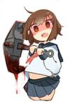  ahoge anchor apupuru blood blush_stickers brown_hair empty_eyes fang ikazuchi_(kantai_collection) kantai_collection looking_at_viewer midriff open_mouth red_eyes school_uniform serafuku shaded_face short_hair solo yandere 