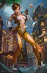  2016 assisted_exposure bodysuit breasts brown_hair building cleavage dated full_body gloves medium_breasts moon navel night night_sky norman_de_mesa open_mouth orange_bodysuit outdoors overwatch short_hair sky solo spiked_hair statue stomach tearing_clothes torn_clothes tracer_(overwatch) tree wardrobe_malfunction 