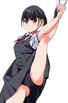  black_eyes black_hair black_panties blush dress eyebrows_visible_through_hair highres leg_lift looking_at_viewer matsunaga_kouyou original outstretched_leg panties pinafore_dress ponytail school_uniform short_hair simple_background solo spread_legs underwear white_background 