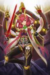  bodysuit chain_chronicle cyborg doll_joints ichiban_renga looking_at_viewer mecha_musume mechanical_arm mitsudomoe_(shape) multiple_arms original red_eyes red_hair solo sword tomoe_(symbol) weapon 