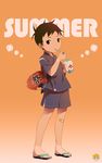  bandaid bandaid_on_knee black_hair brown_eyes eating english fan full_body looking_at_viewer male_focus no_socks noeyebrow_(mauve) original paper_fan shaved_ice solo standing summer summer_festival tan tanline uchiwa zouri 