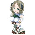  atelier_(series) atelier_firis atelier_sophie blush braid brown_hair cosplay covering cowboy_shot embarrassed firis_mistlud green_eyes hair_ornament leotard looking_at_viewer maromi_(am97) plachta plachta_(cosplay) short_hair solo white_background 