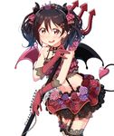  black_hair bow demon_girl demon_horns demon_tail demon_wings garter_straps gloves hair_bow horns long_hair love_live! love_live!_school_idol_festival love_live!_school_idol_project polearm red_eyes simple_background skull573 solo tail thighhighs tiara trident twintails weapon wings yazawa_nico 