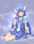  1girl arm_support bangs bike_shorts blue_background blue_eyes blue_hair blue_shorts blue_skirt blunt_bangs chocokin choker collarbone cure_beauty dated eyebrows_visible_through_hair full_body hair_tubes hairband head_tilt long_hair looking_at_viewer miniskirt pleated_skirt precure shiny shiny_hair short_shorts short_sleeves shorts shorts_under_skirt sidelocks signature sitting skirt smile smile_precure! solo very_long_hair white_hairband 