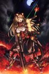  blonde_hair breasts cyborg explosion fire glowing highres ichiban_renga large_breasts laser mecha_musume moon night one_eye_closed open_mouth original scar solo tail weapon yellow_eyes 