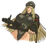  armband blonde_hair blue_eyes breasts fingerless_gloves gloves gun hat heavy_machine_gun highleg highleg_leotard huge_breasts iron_cross leotard long_hair machine_gun military military_uniform nameo_(judgemasterkou) nazi ojou_(nameo) original peaked_cap serious solo uniform very_long_hair weapon 