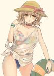  bare_shoulders bow bracelet breasts brown_eyes brown_hair commentary_request cowboy_shot earrings eroriru hair_between_eyes hat hat_bow innertube jewelry large_breasts looking_at_viewer original parted_lips ring shirt short_hair simple_background solo straw_hat swimsuit tied_shirt white_background 