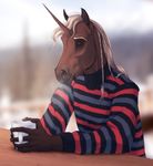  2014 5_fingers anthro beverage blurred_background braided_hair brown_fur chistokrovka clothed clothing coffee cup digital_media_(artwork) equine eyes_closed fur hair hi_res horn male mammal ponytail smile solo sweater table tan_hair unicorn 
