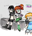  3girls ben_10 ben_tennyson black_eyes black_hair book brown_hair earrings genderswap glasses green_eyes gwen_tennyson kevin_ethan_levin looking_at_viewer omnitrix orange_hair ponytail sukaponta tongue_out translation_request 