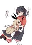  ^_^ ^o^ black_hair black_ribbon blonde_hair closed_eyes commentary_request hair_ribbon hakama hakama_skirt houshou_(kantai_collection) hug japanese_clothes kantai_collection long_hair motherly multiple_girls ponytail ribbon shimakaze_(kantai_collection) simple_background striped striped_legwear translated white_background yoichi_(umagoya) 