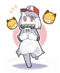  1girl apupuru blush_stickers cellphone gen_1_pokemon hat kantai_collection mittens northern_ocean_hime pale_skin phone pikachu pokemon pokemon_(creature) pokemon_go red_eyes shinkaisei-kan smartphone solo white_hair 