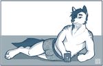  4_toes anthro boxers_(clothing) bulge canine clothing cup dog hair long_hair lying male mammal monochrome simple_background solo toes underwear yookie 