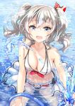  bikini blue_eyes breasts hose kantai_collection kashima_(kantai_collection) keepout large_breasts long_hair navel open_mouth silver_hair smile solo swimsuit twintails water wavy_hair 