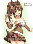  2016 antlers arm_warmers bare_shoulders brown_hair brown_shirt brown_skirt brown_sleeves choker cowboy_shot curly_hair dated flower_knight_girl hair_ornament hairband hairclip holly_(flower_knight_girl) layered_skirt looking_at_viewer norinori_12th ponytail reindeer_tail shirt short_hair signature skirt smile solo tail twitter_username yellow_eyes 