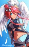  blue_eyes breasts fuuro_(pokemon) gen_5_pokemon gym_leader hair_ornament large_breasts long_hair midriff mintes navel pokemon pokemon_(creature) pokemon_(game) pokemon_bw red_hair smile swanna 