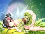  bare_shoulders black_hair bow double_bun dress fairy_wings flower green_dress hair_bow hair_flower hair_ornament long_hair looking_at_viewer love_live! love_live!_school_idol_project minigirl rain red_eyes solo top-down_bottom-up tucana water_drop wings yazawa_nico 