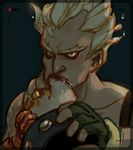  2boys cum fingerless_gloves gas_mask gloves junkrat_(overwatch) mask mechanical_arm multiple_boys overwatch peg_leg roadhog_(overwatch) short_hair spikes tattoo thick_eyebrows yaoi yukiuy 