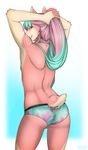  2016 accelo anthro armpits butt clothing feline fur girly hideaki_(character) looking_at_viewer looking_back male mammal pink_fur ponytail pose red_eyes solo underwear 