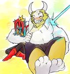  2015 asgore_dreemurr blush boss_monster caprine clothed clothing crown eye_patch eyewear female fish goat male mammal marine sildre smile topless undertale undyne video_games 