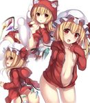  alternate_costume animal_hood arm_behind_back ass ass_visible_through_thighs bangs blonde_hair blush bottomless bow breasts cat_hood cat_tail cowboy_shot crystal flandre_scarlet from_behind hat hat_ribbon highres hood hood_down hoodie janne_cherry knee_up long_hair long_sleeves looking_at_viewer lying mob_cap multiple_views naked_hoodie navel no_bra no_panties on_back open_clothes open_hoodie open_mouth orange_eyes pillow profile red_bow red_eyes red_ribbon ribbon side_ponytail simple_background small_breasts smile standing tail tail_bow thighhighs thighs touhou unzipped wavy_mouth white_background white_legwear wings 