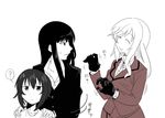  ? ^_^ black_gloves black_hair black_jacket closed_eyes coat collarbone girls_und_panzer gloves grabbing hands_on_another's_shoulders jacket long_hair long_sleeves mimuni362 mother_and_daughter motion_lines multiple_girls nishizumi_maho nishizumi_shiho red_coat red_skirt shimada_chiyo shirt short_hair skirt smile spoken_question_mark sweat t-shirt translation_request white_shirt 