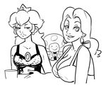  2girls blush breast_envy breasts cleavage earrings large_breasts looking_at_viewer monochrome pauline princess_peach super_mario_bros. 