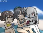  beach beret bikini black_hair brown_hair cellphone commentary dated day hair_over_one_eye hairband hamu_koutarou hat kantai_collection long_hair multiple_girls phone pokemon pokemon_go red_eyes shade shinkaisei-kan short_hair smartphone southern_ocean_war_hime strapless strapless_bikini swimsuit takao_(kantai_collection) tanikaze_(kantai_collection) twintails white_hair white_skin yellow_eyes 