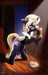  black_fur blue_eyes clothed clothing detailed_background equine fallout_equestria fan_character female feral fur hair hooves horn horse mammal my_little_pony nemo2d pony solo standing unicorn velvet_remedy white_hair 