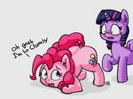  all_fours ass_up blush cutie_mark duo earth_pony english_text equine female feral friendship_is_magic hair horn horse looking_back mammal my_little_pony open_mouth pabbley pink_hair pinkie_pie_(mlp) pony simple_background text tongue twilight_sparkle_(mlp) unicorn wide_eyed 