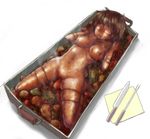  1girl breasts cannibalism carrot cooked empty_eyes food gravy guro nude pussy solo steam vaginal_insertion vegetables 