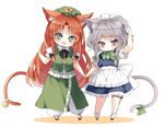  animal_ears apron blush bow bowtie braid cat_ears cat_tail chibi frilled_apron frilled_shirt frills full_body green_bow green_hat green_neckwear hat holding_hands hong_meiling izayoi_sakuya kemonomimi_mode looking_at_viewer maid maid_headdress multiple_girls orange_hair piyokichi puffy_short_sleeves puffy_sleeves shirt short_hair short_sleeves standing tail touhou twin_braids v waist_apron 